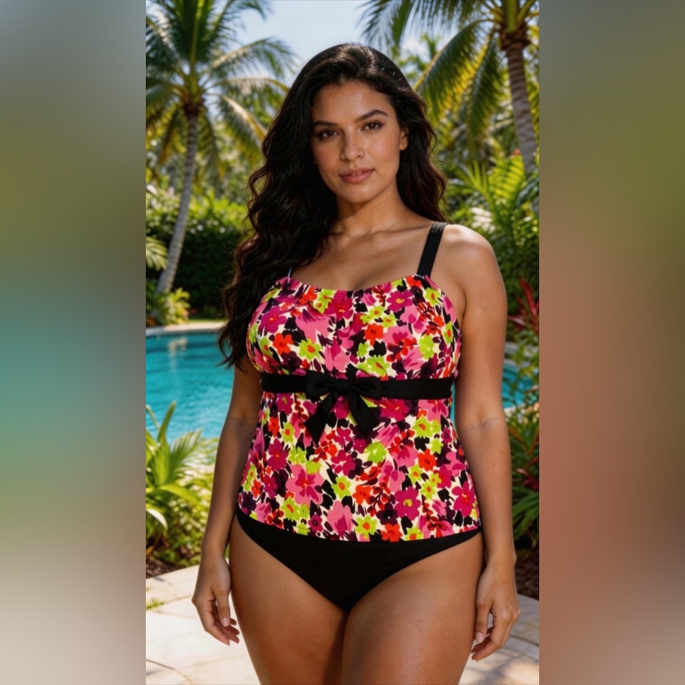 NWT Beach Native Swim Top Pink Floral Tankini Sz 24 Molded Soft Cup Tie Bodice